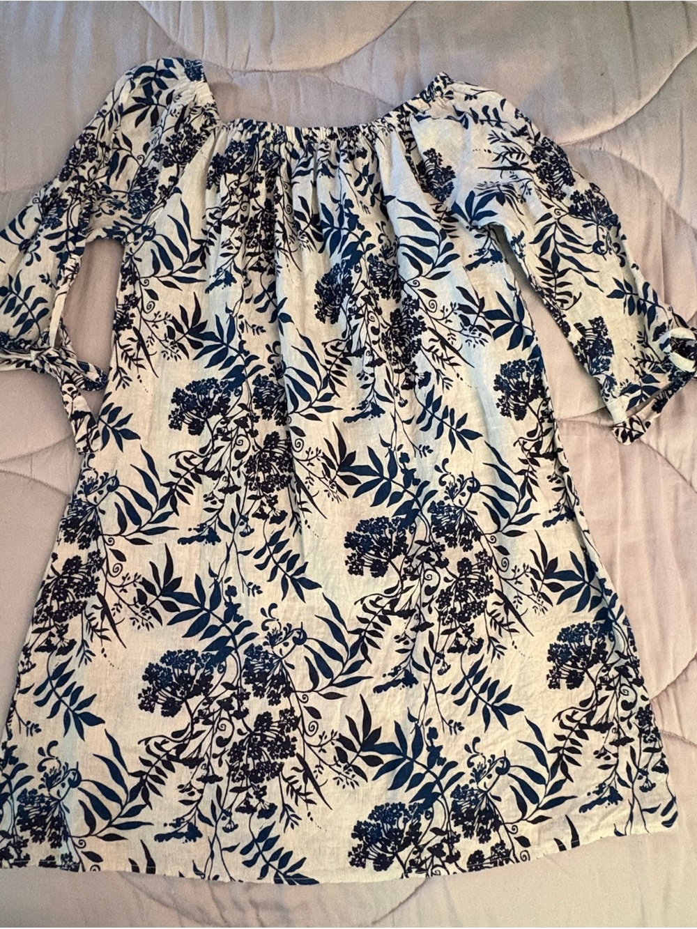 Valentina cream linen dress with Navy Blue Floral Print